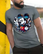 Cute Space Mouse Rocket Galaxy Cartoon Adventure Tshirt - model wearing grey tee, leaning on column