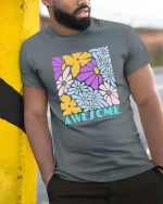 Awesome Colorful Flower Retro Aesthetic Positive Vibes Tshirt - model wearing grey tee, leaning on column