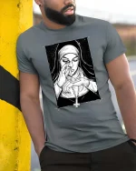 Dark Nun Smoking Gothic Art Black White Vintage Style Tshirt - model wearing grey tee, leaning on column