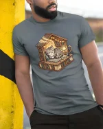Cozy Cat Library Bookshelf Reading Nook Cute Tshirt - model wearing grey tee, leaning on column