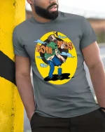 Zombies Retro Cartoon Horror Humor Street Art Graphic Tshirt - model wearing grey tee, leaning on column