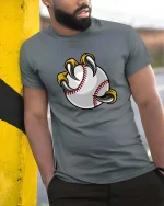 Baseball Claw Grip Funny Sports Fan Cartoon Graphic Tshirt - model wearing grey tee, leaning on column