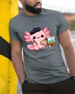 Cute Axolotl Artist Painting Kawaii Cartoon Creative Tshirt - model wearing grey tee, leaning on column
