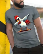 Funny Dabbing Chicken Cool Sunglasses Dance Cartoon Tshirt - model wearing grey tee, leaning on column