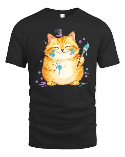 Funny Artist Cat Tshirt Cute Painter Kitty Graphic Tee - black t-shirt on white background
