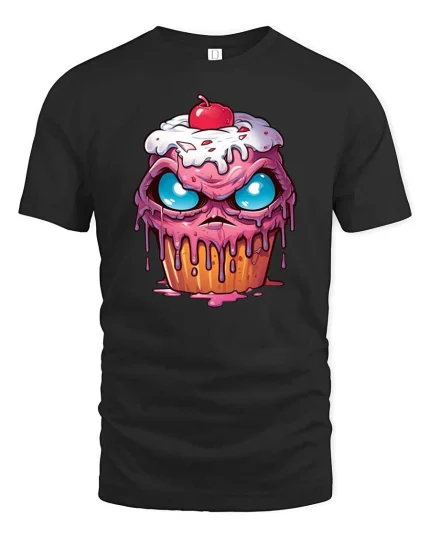 Crazy Melting Cupcake Monster Eyes Graphic Tshirt Fun - black t-shirt on white background