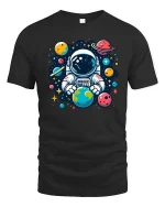 Cute Astronaut Holding Earth Space Cartoon Graphic Tshirt - black t-shirt on white background