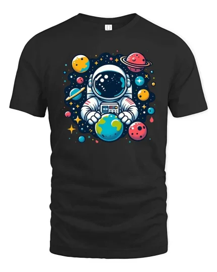 Cute Astronaut Holding Earth Space Cartoon Graphic Tshirt - black t-shirt on white background