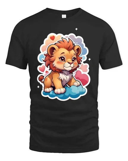 Cute Baby Lion Cartoon Clouds Hearts Graphic Tshirt Fun - black t-shirt on white background