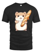 Cute Hamster Holding Baguette Bread Cartoon Graphic Tshirt - black t-shirt on white background