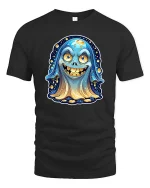 Funny Cute Ghost Smiling Cartoon Halloween Graphic Tshirt - black t-shirt on white background