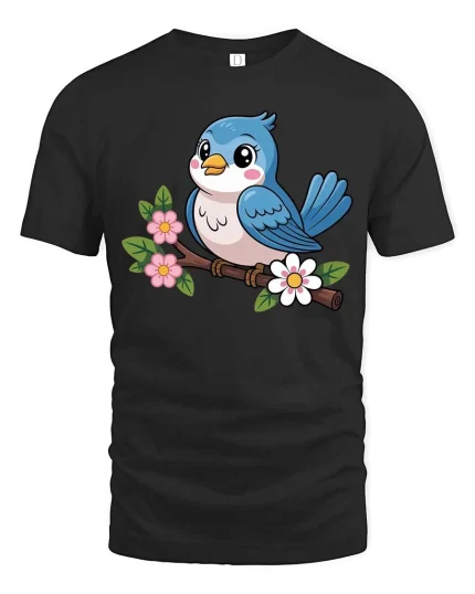 Cute Blue Bird On Flower Branch Cartoon Graphic Tshirt - black t-shirt on white background