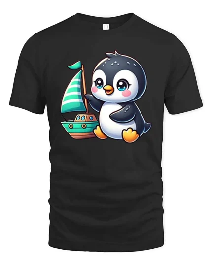 Cute Sailing Penguin Tshirt Funny Ocean Animal Graphic Tee - black t-shirt on white background