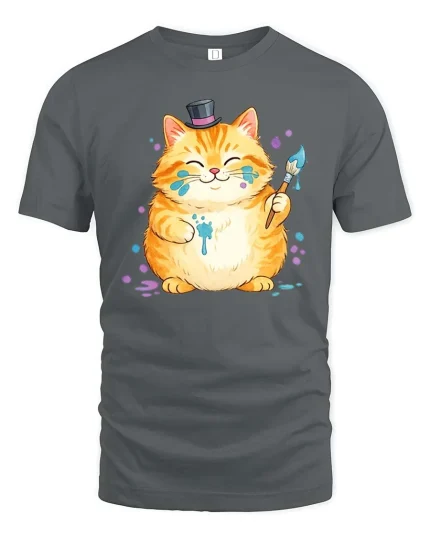 Funny Artist Cat Tshirt Cute Painter Kitty Graphic Tee - gray t-shirt on white background