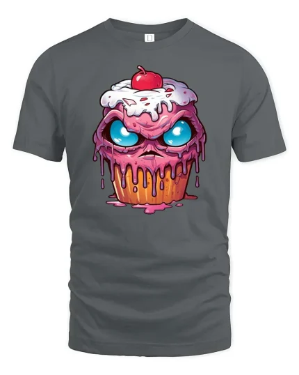 Crazy Melting Cupcake Monster Eyes Graphic Tshirt Fun - gray t-shirt on white background