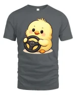 Cute Baby Chick Driving Wheel Cartoon Graphic Tshirt Fun - gray t-shirt on white background