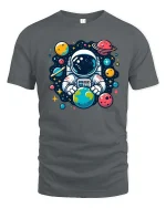 Cute Astronaut Holding Earth Space Cartoon Graphic Tshirt - gray t-shirt on white background