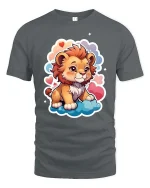 Cute Baby Lion Cartoon Clouds Hearts Graphic Tshirt Fun - gray t-shirt on white background