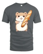 Cute Hamster Holding Baguette Bread Cartoon Graphic Tshirt - gray t-shirt on white background