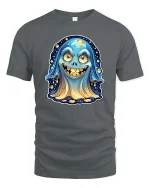 Funny Cute Ghost Smiling Cartoon Halloween Graphic Tshirt - gray t-shirt on white background