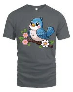 Cute Blue Bird On Flower Branch Cartoon Graphic Tshirt - gray t-shirt on white background