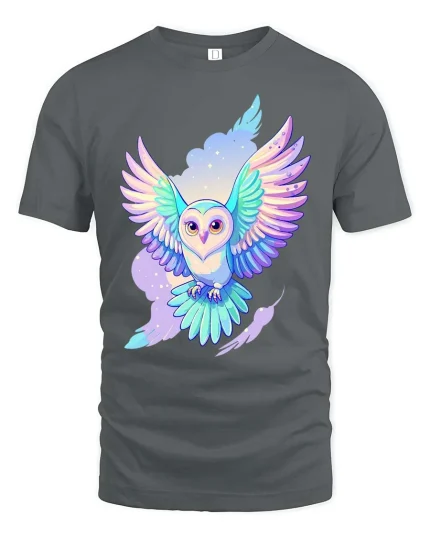 Colorful Owl Tshirt Cute Fantasy Bird Dreamy Graphic Tee - gray t-shirt on white background