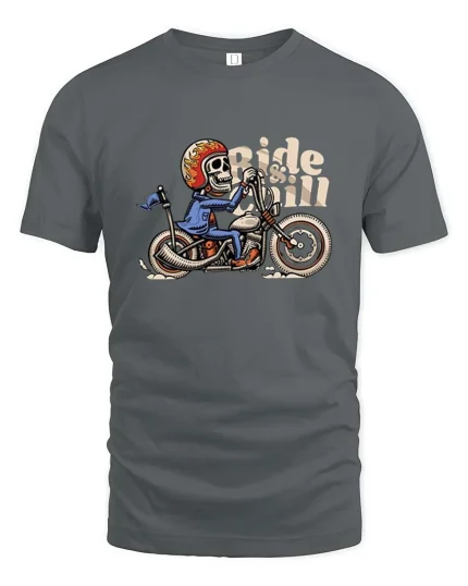Funny Skeleton Rider Tshirt Vintage Biker Ride Chill Tee - gray t-shirt on white background