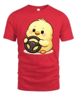 Cute Baby Chick Driving Wheel Cartoon Graphic Tshirt Fun - red t-shirt on white background