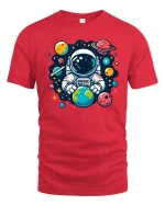 Cute Astronaut Holding Earth Space Cartoon Graphic Tshirt - red t-shirt on white background