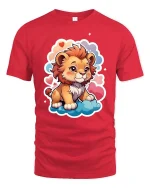 Cute Baby Lion Cartoon Clouds Hearts Graphic Tshirt Fun - red t-shirt on white background