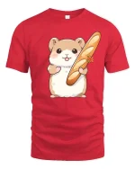 Cute Hamster Holding Baguette Bread Cartoon Graphic Tshirt - red t-shirt on white background