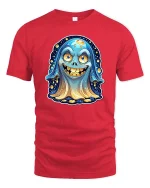 Funny Cute Ghost Smiling Cartoon Halloween Graphic Tshirt - red t-shirt on white background