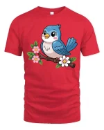 Cute Blue Bird On Flower Branch Cartoon Graphic Tshirt - red t-shirt on white background