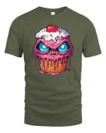 Crazy Melting Cupcake Monster Eyes Graphic Tshirt Fun - military green t-shirt on white background