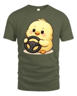 Cute Baby Chick Driving Wheel Cartoon Graphic Tshirt Fun - military green t-shirt on white background