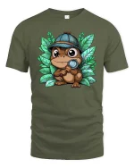 Cute Frog Detective Magnifying Glass Cartoon Graphic Tshirt - military green t-shirt on white background