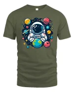 Cute Astronaut Holding Earth Space Cartoon Graphic Tshirt - military green t-shirt on white background
