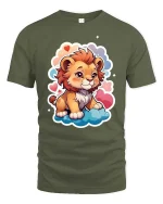 Cute Baby Lion Cartoon Clouds Hearts Graphic Tshirt Fun - military green t-shirt on white background
