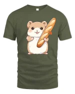Cute Hamster Holding Baguette Bread Cartoon Graphic Tshirt - military green t-shirt on white background