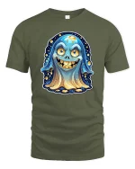 Funny Cute Ghost Smiling Cartoon Halloween Graphic Tshirt - military green t-shirt on white background