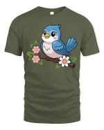 Cute Blue Bird On Flower Branch Cartoon Graphic Tshirt - military green t-shirt on white background