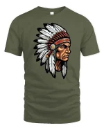 Vintage Tribal Chief T Shirt Native Feather Headdress Tee - military green t-shirt on white background
