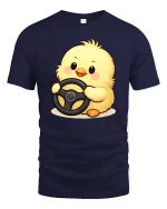 Cute Baby Chick Driving Wheel Cartoon Graphic Tshirt Fun - navy t-shirt on white background