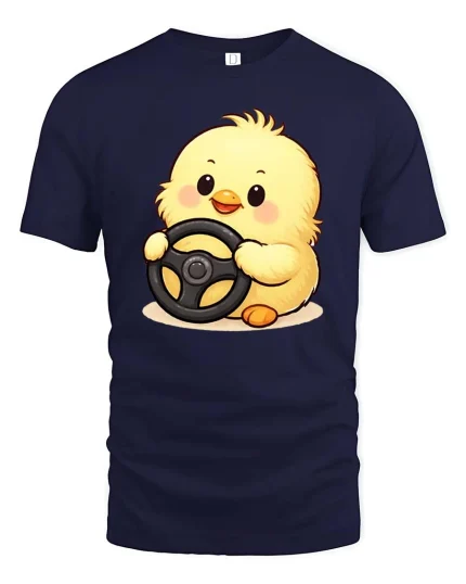 Cute Baby Chick Driving Wheel Cartoon Graphic Tshirt Fun - navy t-shirt on white background