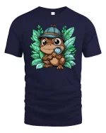 Cute Frog Detective Magnifying Glass Cartoon Graphic Tshirt - navy t-shirt on white background