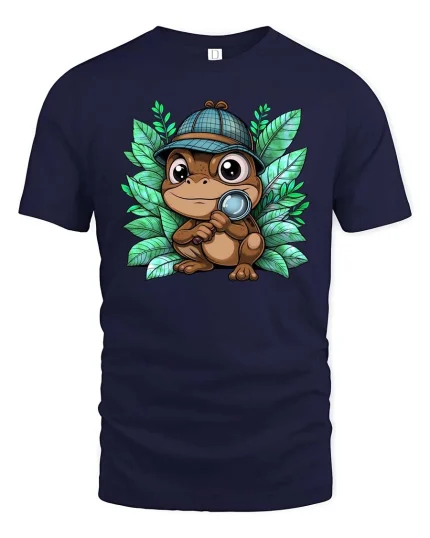 Cute Frog Detective Magnifying Glass Cartoon Graphic Tshirt - navy t-shirt on white background