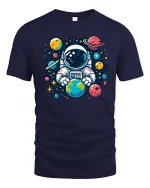 Cute Astronaut Holding Earth Space Cartoon Graphic Tshirt - navy t-shirt on white background