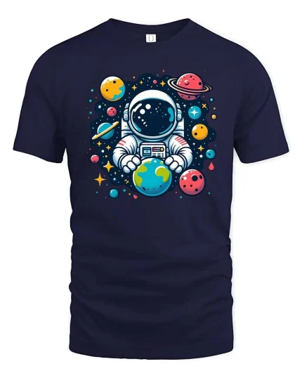 Cute Astronaut Holding Earth Space Cartoon Graphic Tshirt - navy t-shirt on white background