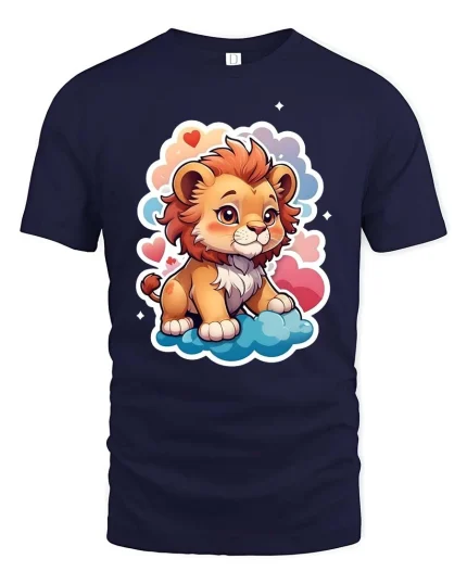 Cute Baby Lion Cartoon Clouds Hearts Graphic Tshirt Fun - navy t-shirt on white background