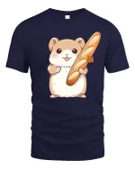 Cute Hamster Holding Baguette Bread Cartoon Graphic Tshirt - navy t-shirt on white background